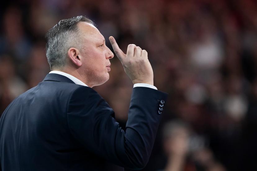 Menen's head coach Frank Depestele pictured during the match between Descospan Menen and Knack Roeselare, the final match in the women Belgian volleyball cup competition, Saturday 10 February 2024 in Merksem, Antwerp. BELGA PHOTO KRISTOF VAN ACCOM