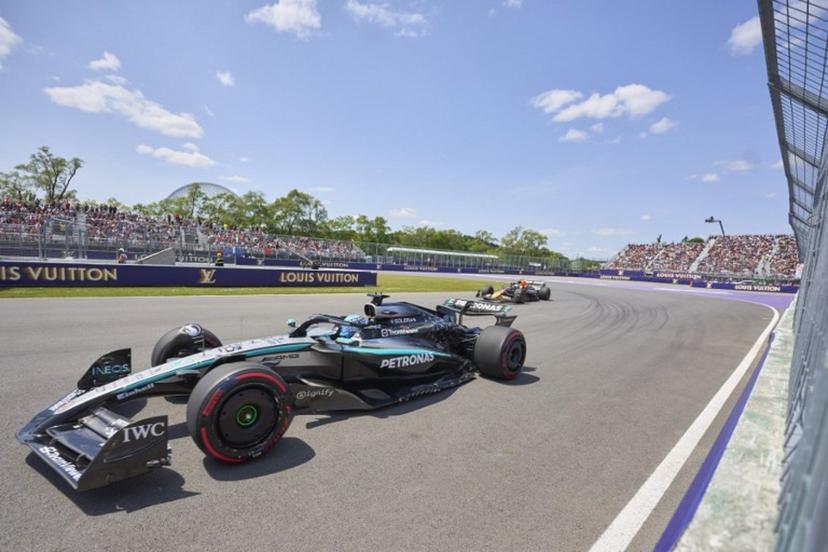 Mercedes' British driver George Russell races during the first practice session for the 2025 Formula 1 Grand Prix du Canada at Circuit Gilles-Villeneuve in Montreal, Canada, on June 13, 2025.   Geoff Robins / AFP
