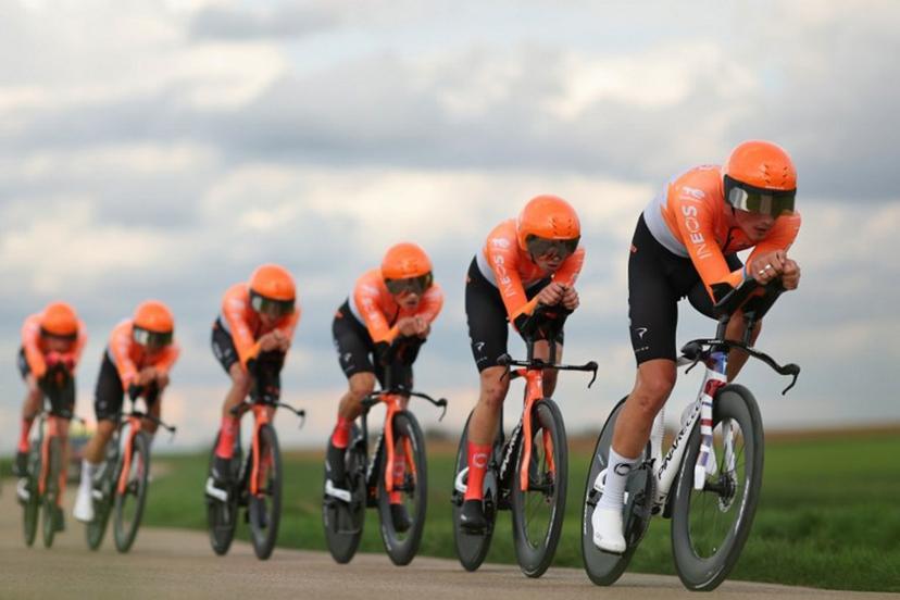 Ineos Grenadiers' riders compete during the 3rd stage of the Paris-Nice cycling race, 23.5 km team time-trial between Cosne-Cours-sur-Loire and Pouilly-sur-Loire, on March 10, 2026.  Anne-Christine POUJOULAT / AFP
