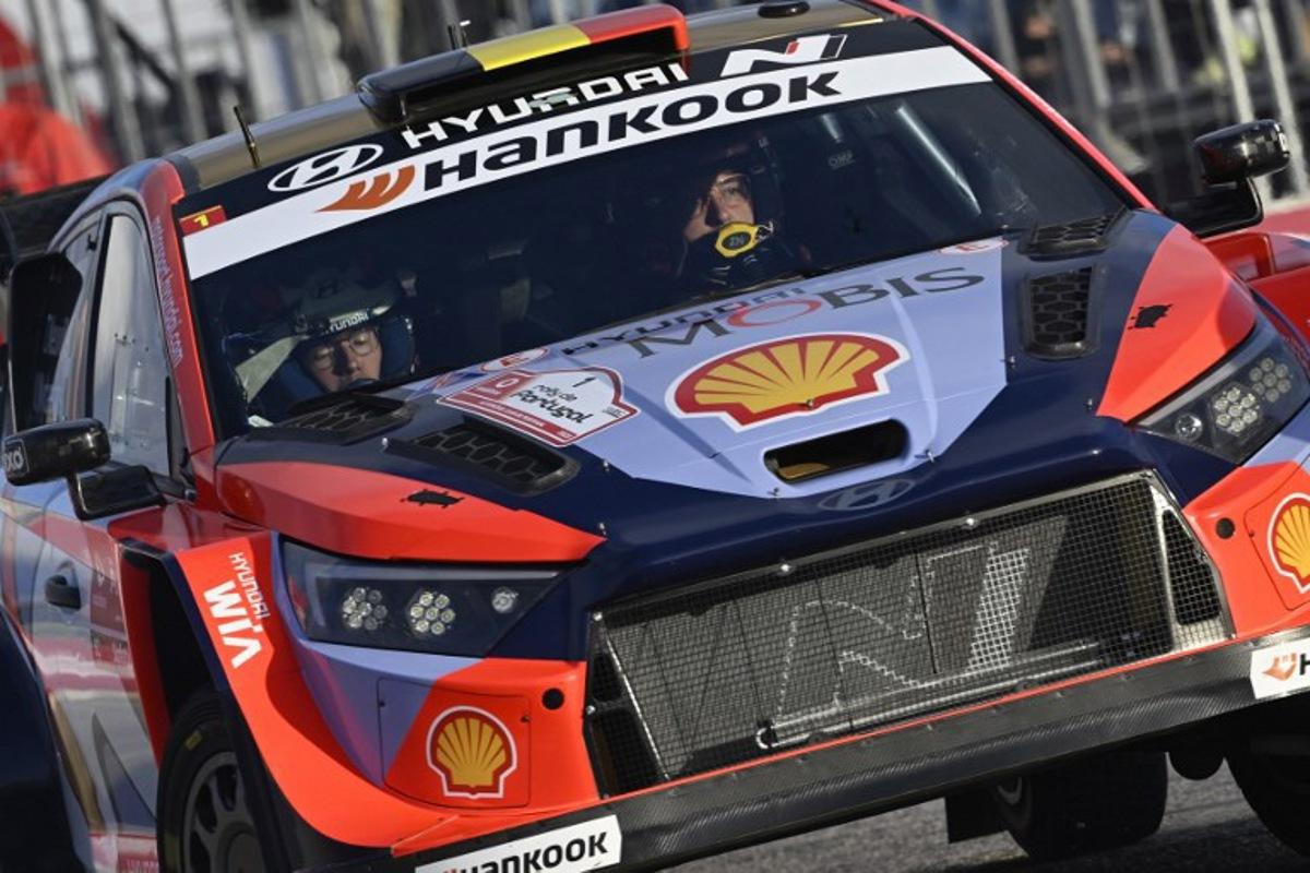 Thierry Neuville of Belgium and his co-driver Martijn Wydaeghe of Belgium compete in their Hyundai i20 N during the SS1 stage of the World Rally Championship (WRC) Rally of Portugal in Figueira da Foz, on May 15, 2025.   MIGUEL RIOPA / AFP
