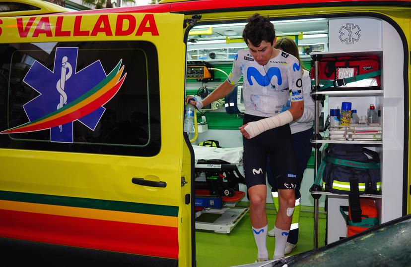 Belgian Cian Uijtdebroeks of Movistar Team is injured at stage 3 of the 2026 Volta Comunitat Valenciana, Tour of Valencia cycling race, a race from Orihuela to San Vicente del Raspeig (158,2 km), on Friday 06 February 2026 in Spain. The race takes place from 4 to 8 February and runs through the three provinces of the Valencian Community. BELGA PHOTO JOMA GARCIA