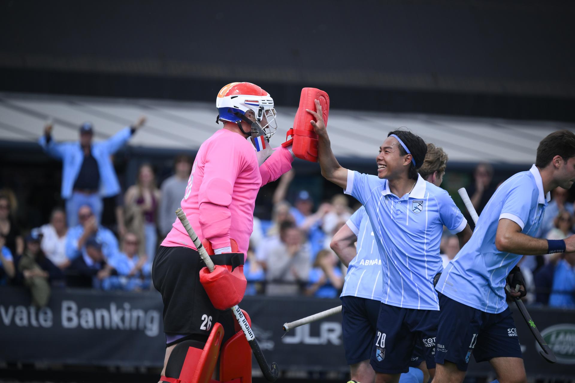 Braxgata's goalkeeper Pirmin Blaak and reacts after stops apenalty a hockey game between Braxgata and Leopold, Saturday 17 May 2025 in Boom, in the semi-finals of the playoffs in the Belgian Hockey League men during the 2024-2025 season. BELGA PHOTO JOHN THYS