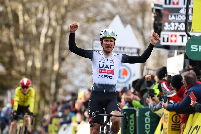 Portuguese Joao Almeida of UAE Team Emirates celebrates after winning stage four of the 83th edition of the Paris-Nice cycling race, 163,4km from Vichy to La Loge des Gardes, France, Wednesday 12 March 2025. BELGA PHOTO DAVID PINTENS