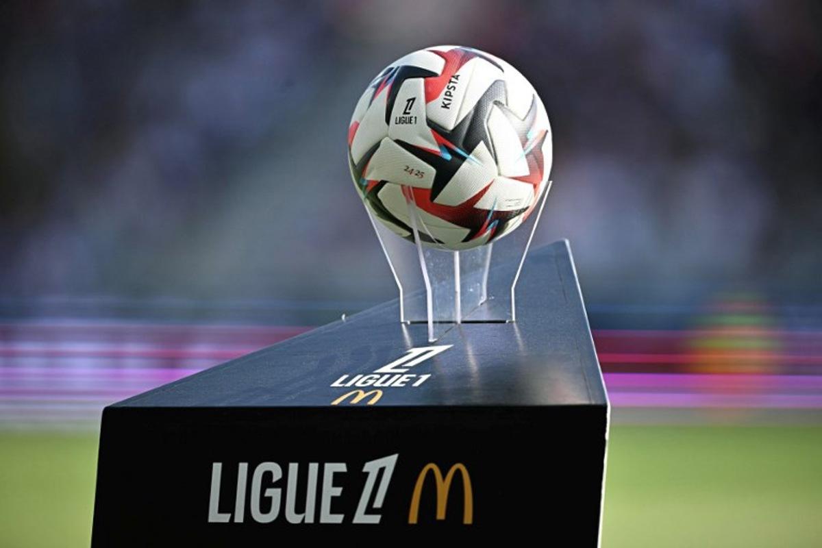 The official ball of the French Ligue 1 is seen before the French L1 football match between Toulouse FC and Stade Rennais FC at The TFC Stadium in Toulouse, southwestern France, on May 3, 2025.  Lionel BONAVENTURE / AFP