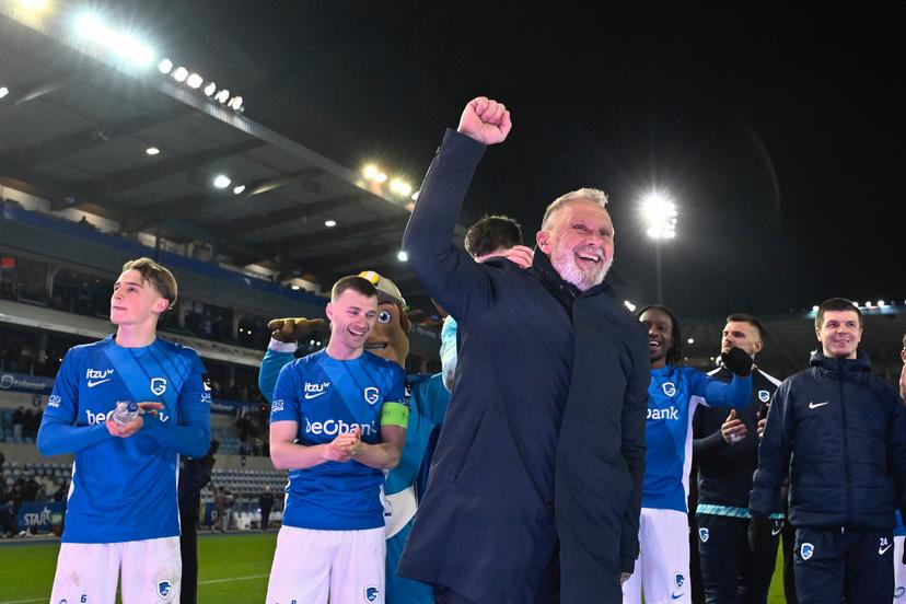 Genk's head coach Thorsten Fink celebrates after winning a soccer match between KRC Genk and Union Saint-Gilloise, Saturday 15 March 2025 in Genk, on day 30 of the 2024-2025 season of the 'Jupiler Pro League' first division of the Belgian championship. BELGA PHOTO JOHAN EYCKENS