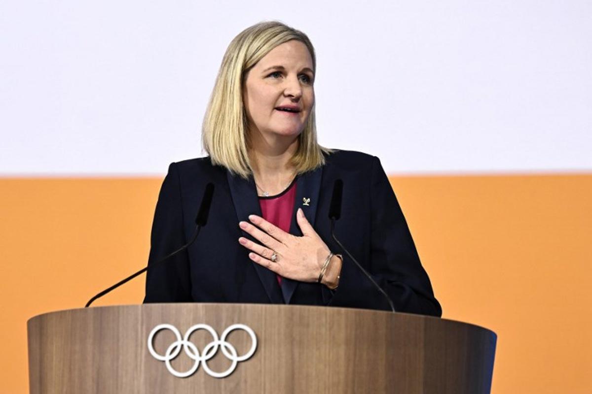 Zimbabwean candidate for the presidency of the International Olympic Committee (IOC) Kirsty Coventry reacts after being elected during the 144th IOC Session on the day of the election of the next President of the International Olympic Committee (IOC), in Costa Navarino, Greece on March 20, 2025. Zimbabwe's Kirsty Coventry was elected president of International Olympic Committee on March 20, 2025.  Fabrice COFFRINI / AFP