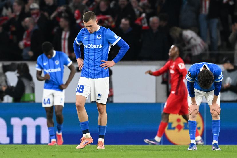 Genk's Josue Kongolo, Genk's Daan Heymans and Genk's Konstantinos Kos Karetsas look dejected during a soccer game between German Sport-Club Freiburg and Belgian KRC Genk in Freiburg im Breisgau, Germany on Thursday 19 March 2026, the return leg of the 1/16 Finals of the UEFA Europa League tournament. Genk won the first leg 1-0. BELGA PHOTO JILL DELSAUX
