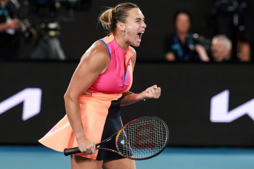 Belarus' Aryna Sabalenka reacts after a point against Kazakhstan's Elena Rybakina during their women's singles final match on day fourteen of the Australian Open tennis tournament in Melbourne on January 31, 2026.  DAVID GRAY / AFP