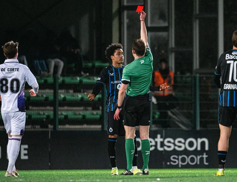 Club's Angre Garcia look dejected after receiving a red card during a soccer game between Club NXT and Rsca Futures, Saturday 28 February 2026 in Roeselare, on day 27 of the 2025-2026 'Challenger Pro League' 1B second division of the Belgian championship. BELGA PHOTO EMILE WINDAL