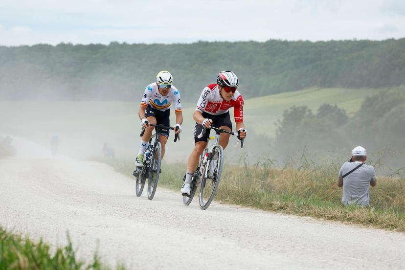 Spanish Alex Aranburu of Movistar Team and French Axel Zingle of Cofidis  pictured in action during stage 9 of the 2024 Tour de France cycling race, from Troyes to Troyes, France (199 km) on Sunday 07 July 2024. The 111th edition of the Tour de France starts on Saturday 29 June and will finish in Nice, France on 21 July.  BELGA PHOTO POOL JAN DE MEULENEIR