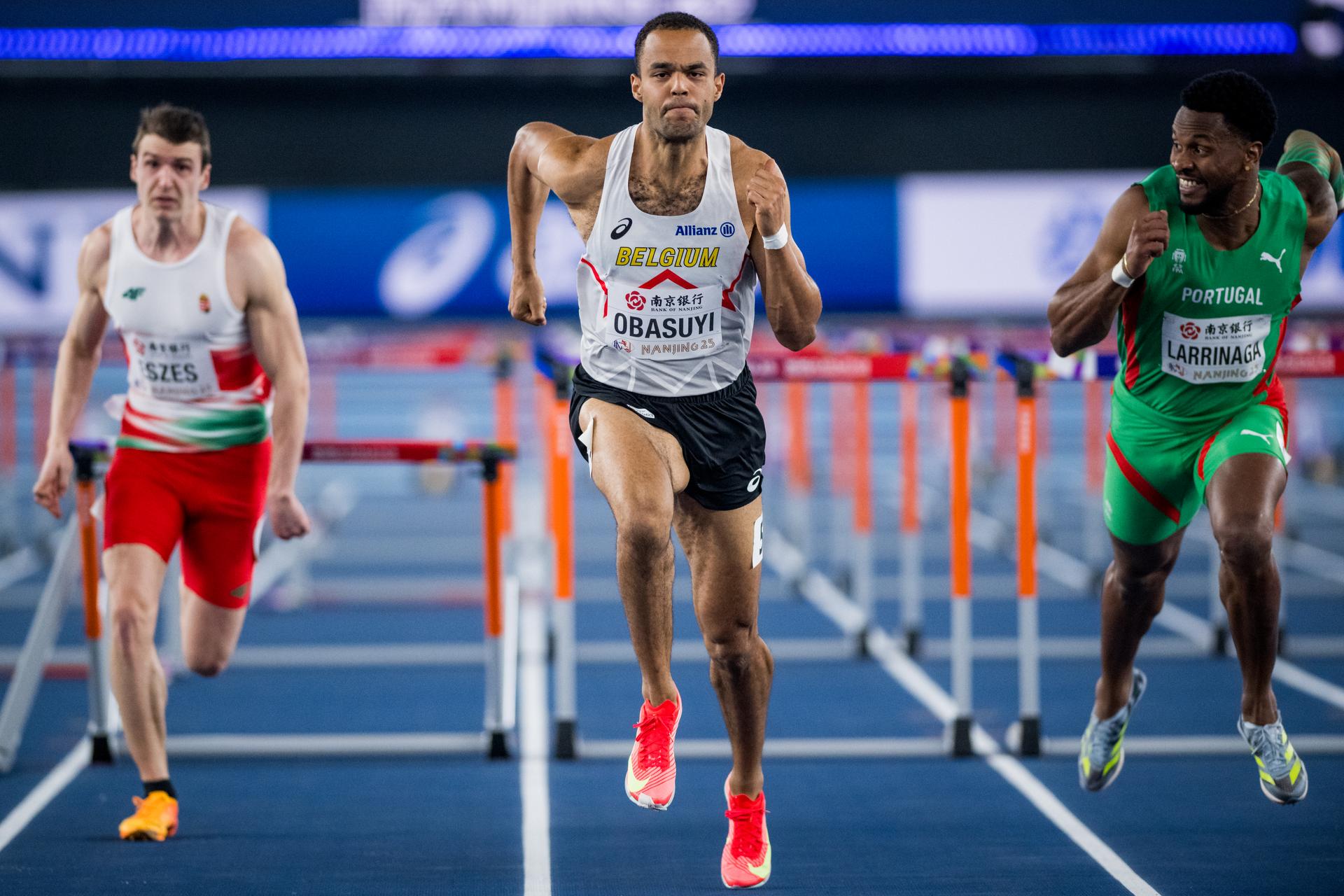 Belgian Michael Obasuyi pictured in action during the men's 60m hurdles, at the World Athletics Indoor Championships, in Nanjing, China, Saturday 22 March 2025. The championships take place from 21 to 23 March. BELGA PHOTO JASPER JACOBS