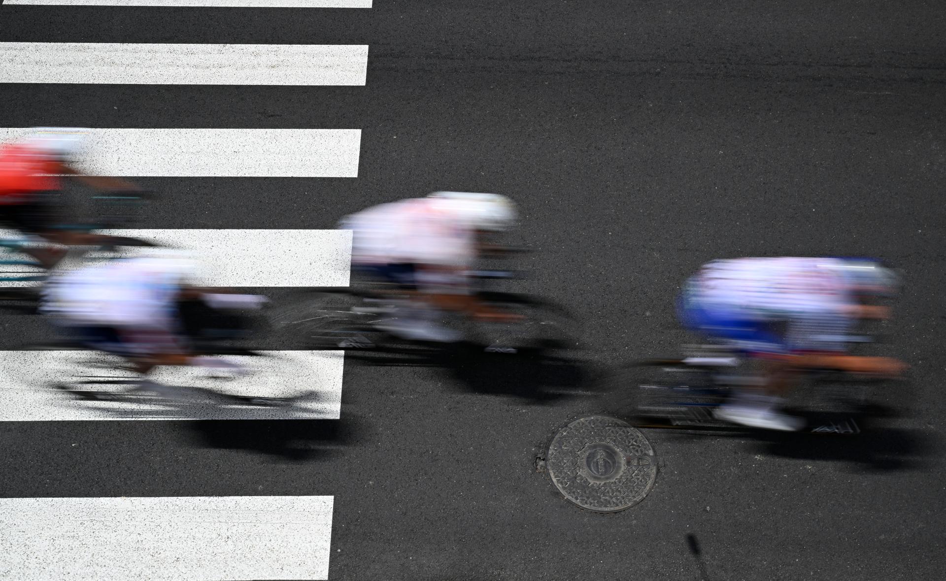 Illustration picture shows cyclists at a zebra crossing during stage 15 of the 2025 Tour de France cycling race, from Muret to Carcasonne (169 km), on Sunday 20 July 2025 in France. The 112th edition of the Tour de France starts on Saturday 5 July in Lille, France, and will finish in Paris, France on the 27th of July.   BELGA PHOTO JASPER JACOBS
