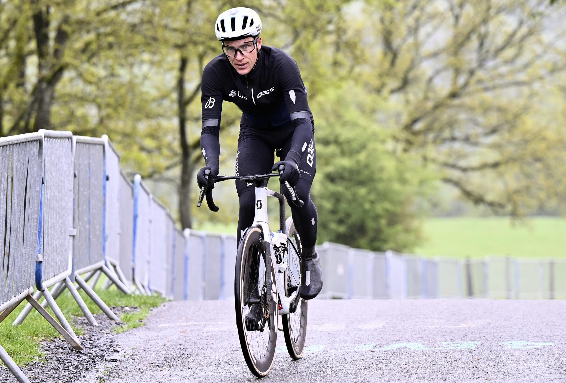 Canadian Nickolas Zukowsky of Q36.5 Pro Cycling Team pictured in action during a training and track reconnaissance session, on the 'Cote de la Redoute', in Remouchamps, Aywaille, ahead of the Liege-Bastogne-Liege one day cycling race, Thursday 24 April 2025. BELGA PHOTO ERIC LALMAND