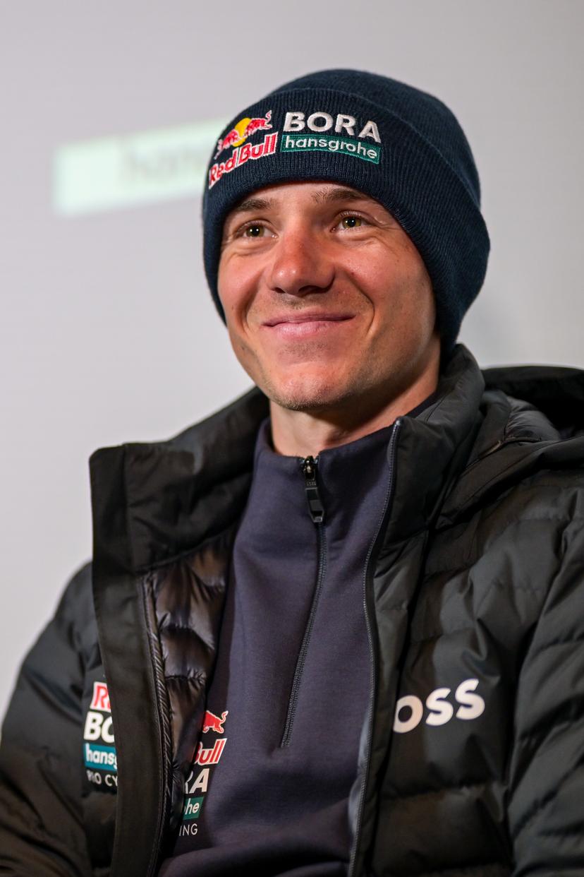 Belgian Remco Evenepoel of Red Bull-BORA-hansgrohe pictured during a press conference of the Red Bull - Bora - Hansgrohe cycling team ahead of the Ronde van Vlaanderen / Tour des Flandres / Tour of Flanders cycling race, Friday 03 April 2026 in Ledegem. The 110th edition of the cycling race will take place on Sunday 5th April. BELGA PHOTO DAVID PINTENS