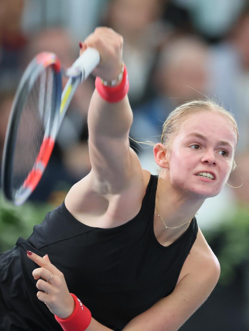 Belgian Jeline Vandromme pictured in action during the first game between Belgian Vandromme and German Friedsam in the Billie Jean King Cup Play-offs, between Belgium and Germany, on Sunday 16 November 2025 in Ismaning, Germany. PHOTO BENOIT DOPPAGNE