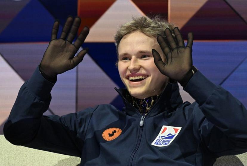 USA's Ilia Malinin celebrates after performing during the men's free skating program of the 2026 ISU Figure Skating World Championships in Prague, Czech Republic on March 28, 2026.  Michal Cizek / AFP