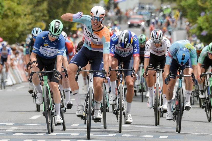 NSN Cycling Team's British rider Ethan Vernon (2nd L) crosses the finish line to win stage four of the Tour Down Under UCI men's cycling race in Adelaide on January 24, 2026.   Brenton Edwards / AFP