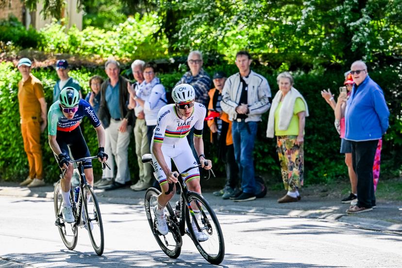 Slovenian Tadej Pogacar of UAE Team Emirates-XRG and French Paul Seixas of Decathlon CMA CGM Team pictured in action during the men elite race of the Liege-Bastogne-Liege UCI World Tour one day cycling race, 259,5km from Liege, over Bastogne to Liege, Sunday 26 April 2026. BELGA PHOTO MAARTEN STRAETEMANS
