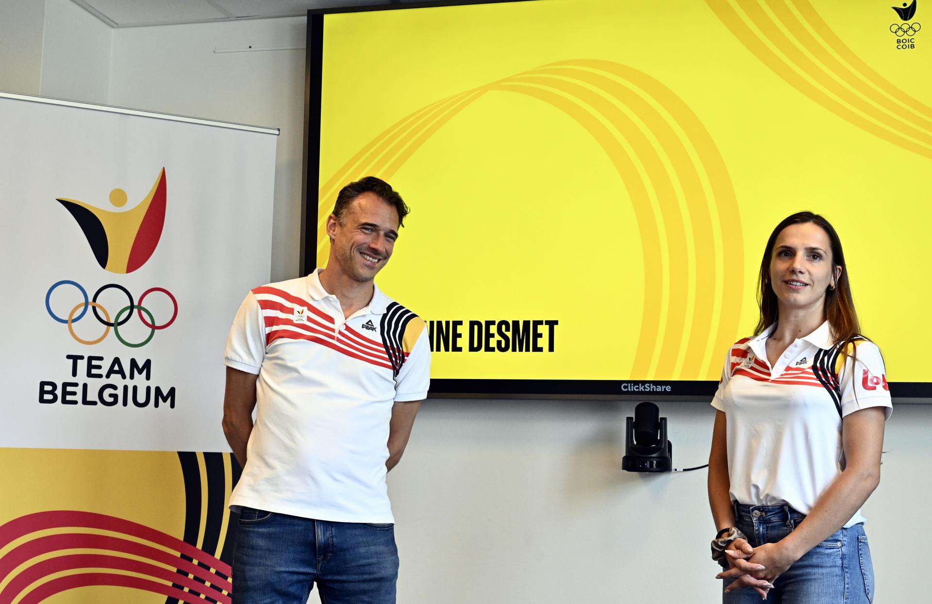 BOIC-COIB's CEO Cedric Van Branteghem and shorttrack skater Hanne Desmet pictured during a press conference of the Belgian Interfederal Olympic Committee BOIC-COIB, Monday 16 June 2025 in Brussels. The Games of the XXXIII Olympiad are taking place in Paris from 26 July to 11 August. During the press conference, the CEOs of the National Lottery and the BOIC, Jannie Haek and C¿dric Van Branteghem, will reveal the collaboration regarding the 2026 Winter Olympics in Milan and Cortina d'Ampezzo. BELGA PHOTO DIRK WAEM