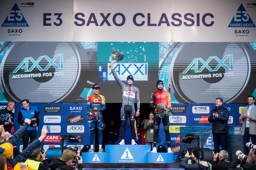 Dutch Mathieu van der Poel of Alpecin-Deceuninck celebrates on the podium after winning the 'E3 Saxo Bank Classic' one day cycling race, 208,8 km from and to Harelbeke, on Friday 28 March 2025. BELGA PHOTO JASPER JACOBS