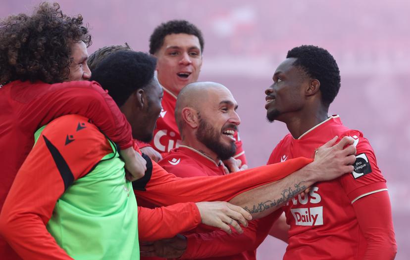 Standard's Rafiki Said celebrates after scoring the 2-0 goal during a soccer match between Standard de Liege and RSC Anderlecht, Sunday 01 February 2026 in Liege, on day 23 of the 2025-2026 'Jupiler Pro League' first division of the Belgian championship. BELGA PHOTO VIRGINIE LEFOUR