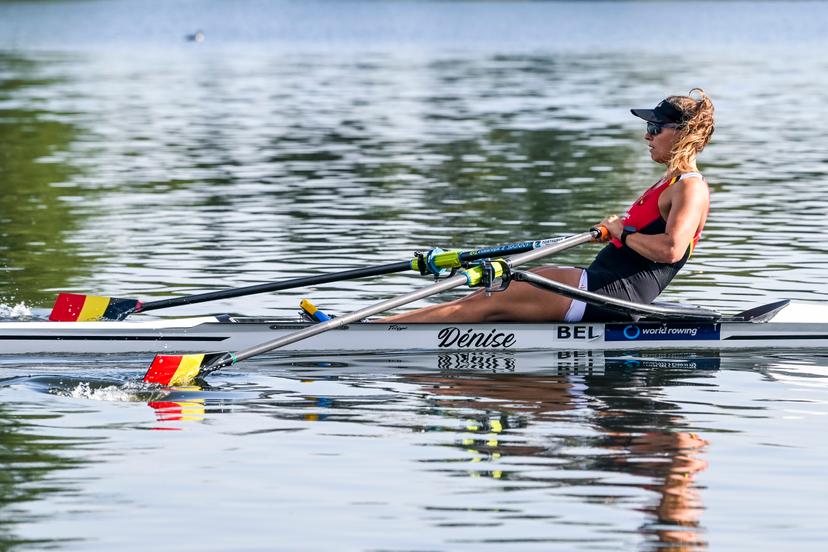 U23 Belgian Shark rower Mazarine Guilbert pictured in action during a training session ahead of a press conference organized by the Vlaamse Roeiliga and Peddelsport Vlaanderen, ahead of the Olympic Games in Parijs 2024, Friday 11 August 2023 in Willebroek. During this press conference, the selection criteria and the athletes towards the Paris Olympics will be presented. BELGA PHOTO TOM GOYVAERTS