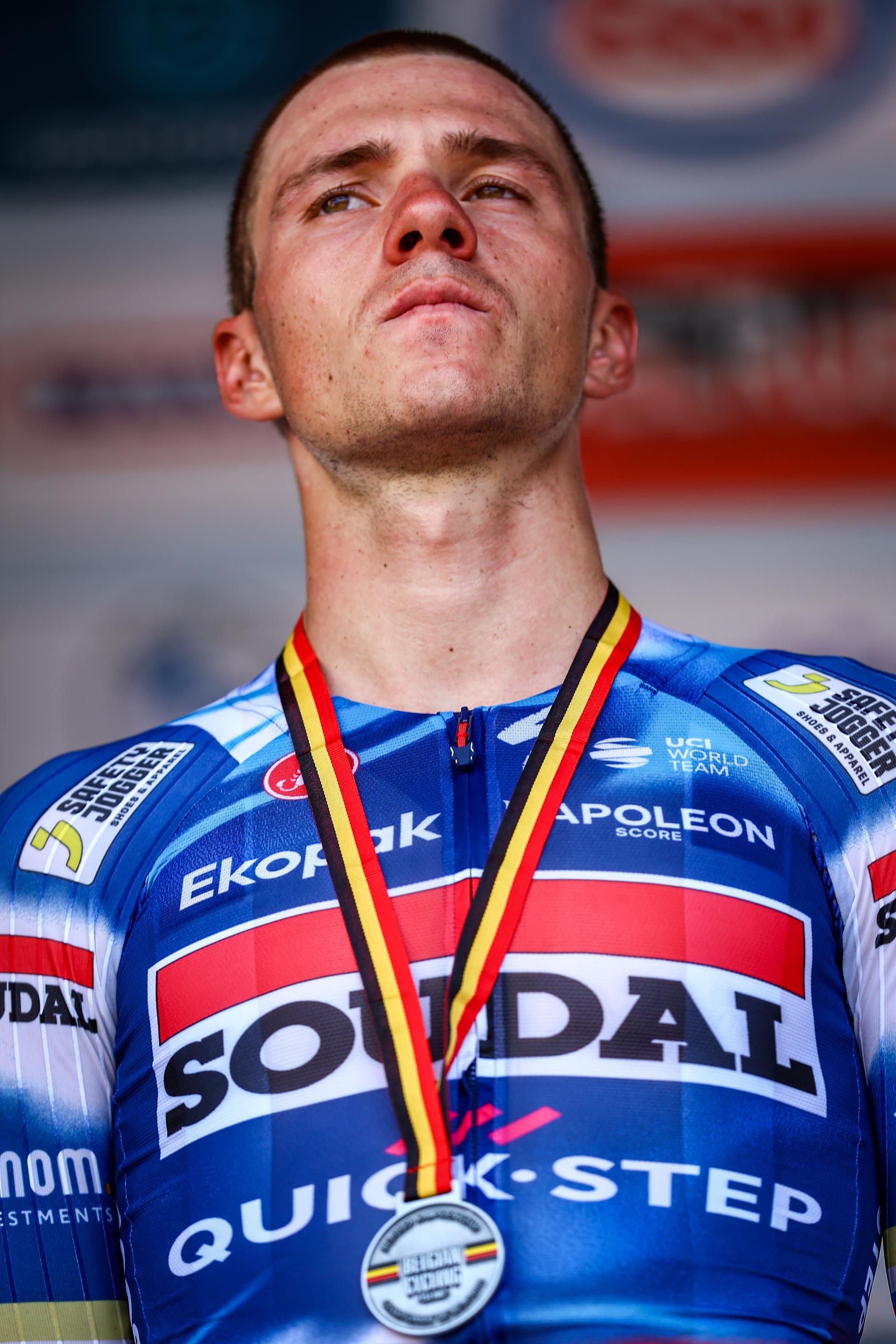 Belgian Remco Evenepoel of Soudal Quick-Step pictured on the podium after the men's elite road race of the Belgian Cycling Championships, 230km from and to the Grand Place square in Binche on Sunday 29 June 2025. BELGA PHOTO DAVID PINTENS