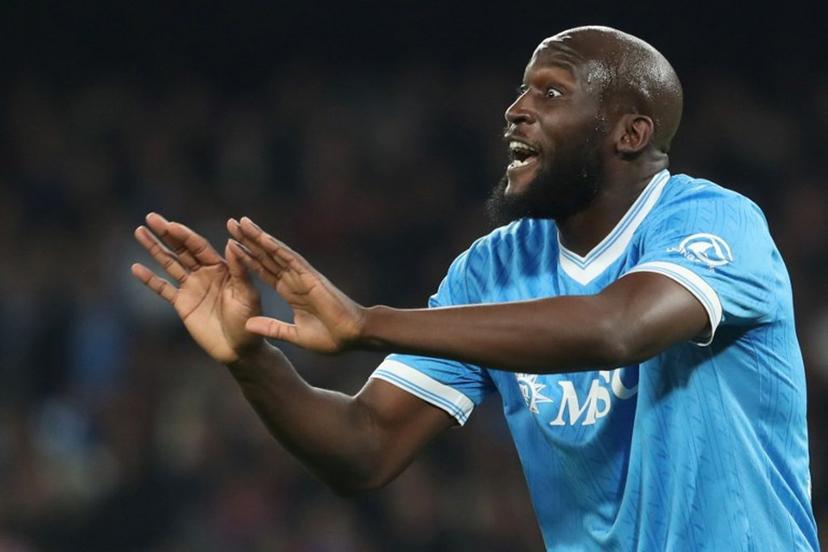 Napoli's Belgian forward #09 Romelu Lukaku reacts during the Italian Serie A football between match SSC Napoli and Torino FC at the Diego Armando Maradona Stadium in Napoli, on March 6, 2026.  CARLO HERMANN / AFP