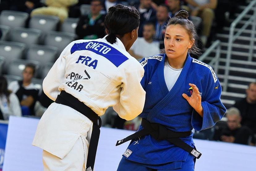 Belgian Mina Libeer (blue) and French Priscilla Gneto (white) pictured in action during a fight in the women's -57kg competition at the European Championships judo in Zagreb, Croatia on Thursday 25 April 2024. The tournament is taking place from 25 tot 27 April.  BELGA PHOTO NIKOLA KRSTIC
