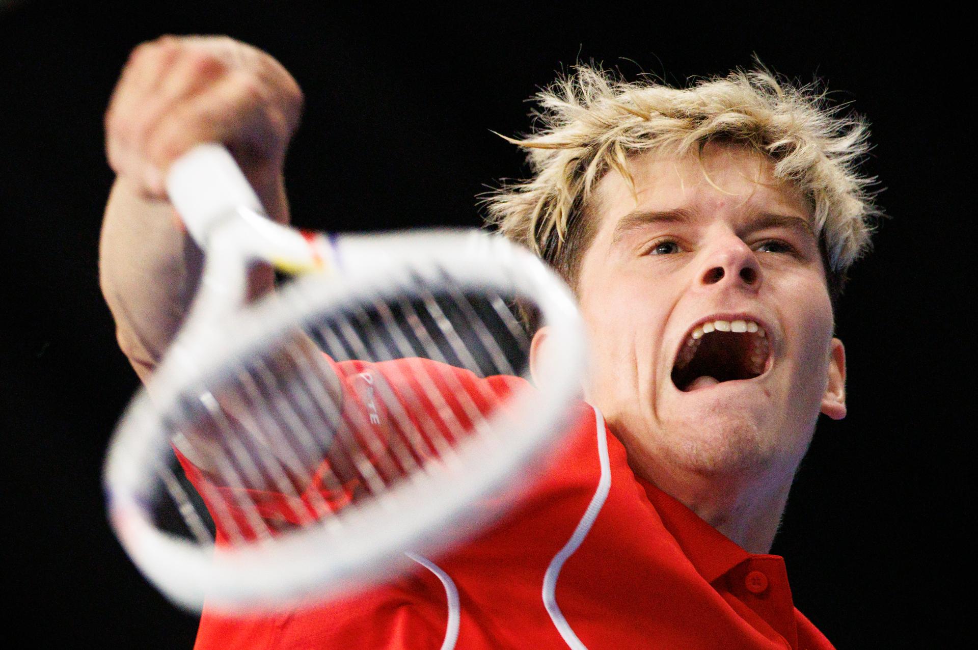 Belgian Alexander Blockx pictured in action during a game between Belgian Blockx and Chilean Garin, the second match in the Davis Cup qualifiers World Group tennis meeting between Belgium and Chile, Saturday 01 February 2025, in Hasselt. BELGA PHOTO BENOIT DOPPAGNE