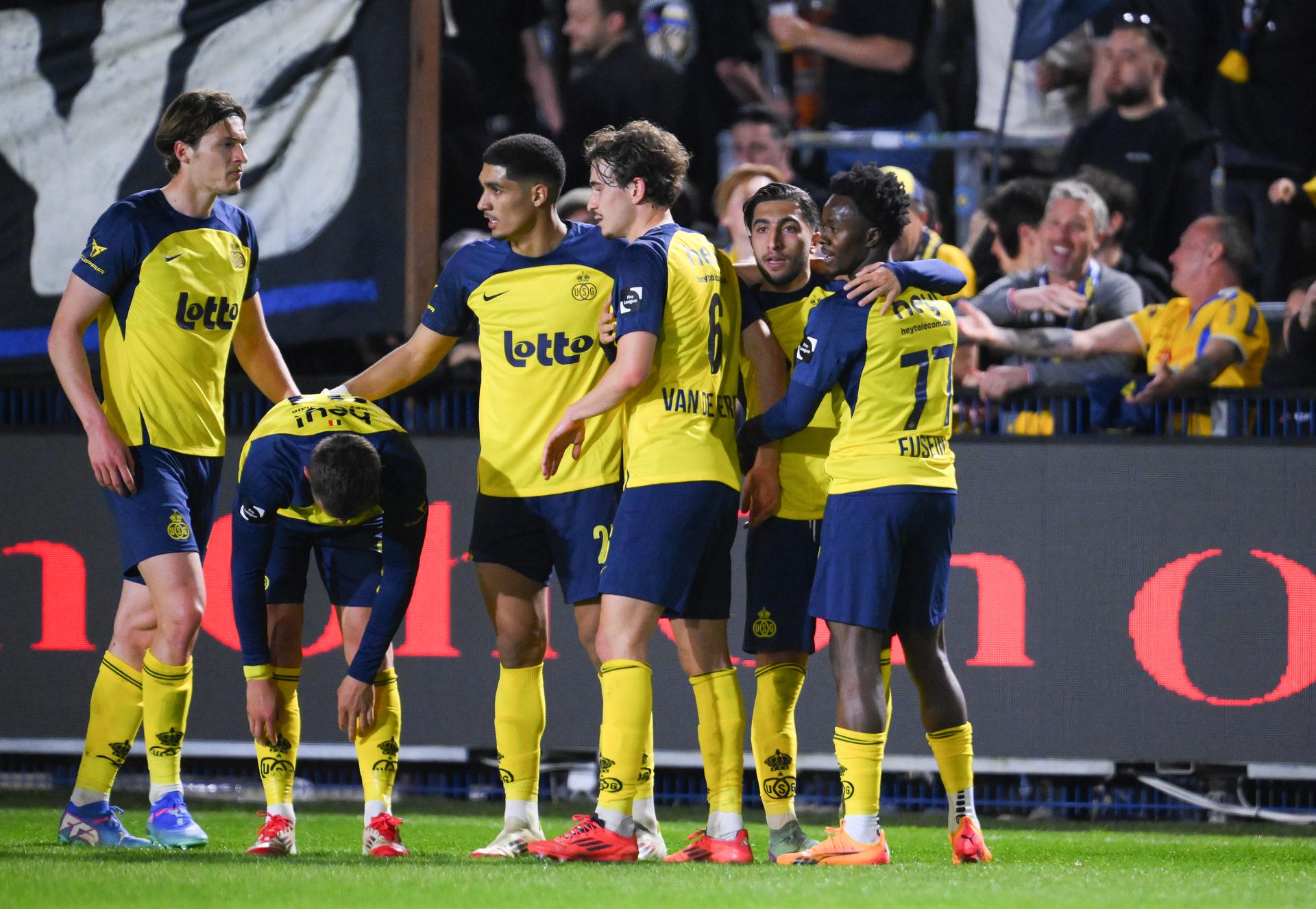 Union's Anouar Ait El Hadj celebrates after scoring the 2-1 goal during a soccer match between Royale Union Saint-Gilloise and RSC Anderlecht, Saturday 12 April 2025 in Brussels, on day 3 (out of 10) of the Champions' Play-offs of the 2024-2025 'Jupiler Pro League' first division of the Belgian championship. BELGA PHOTO JOHN THYS