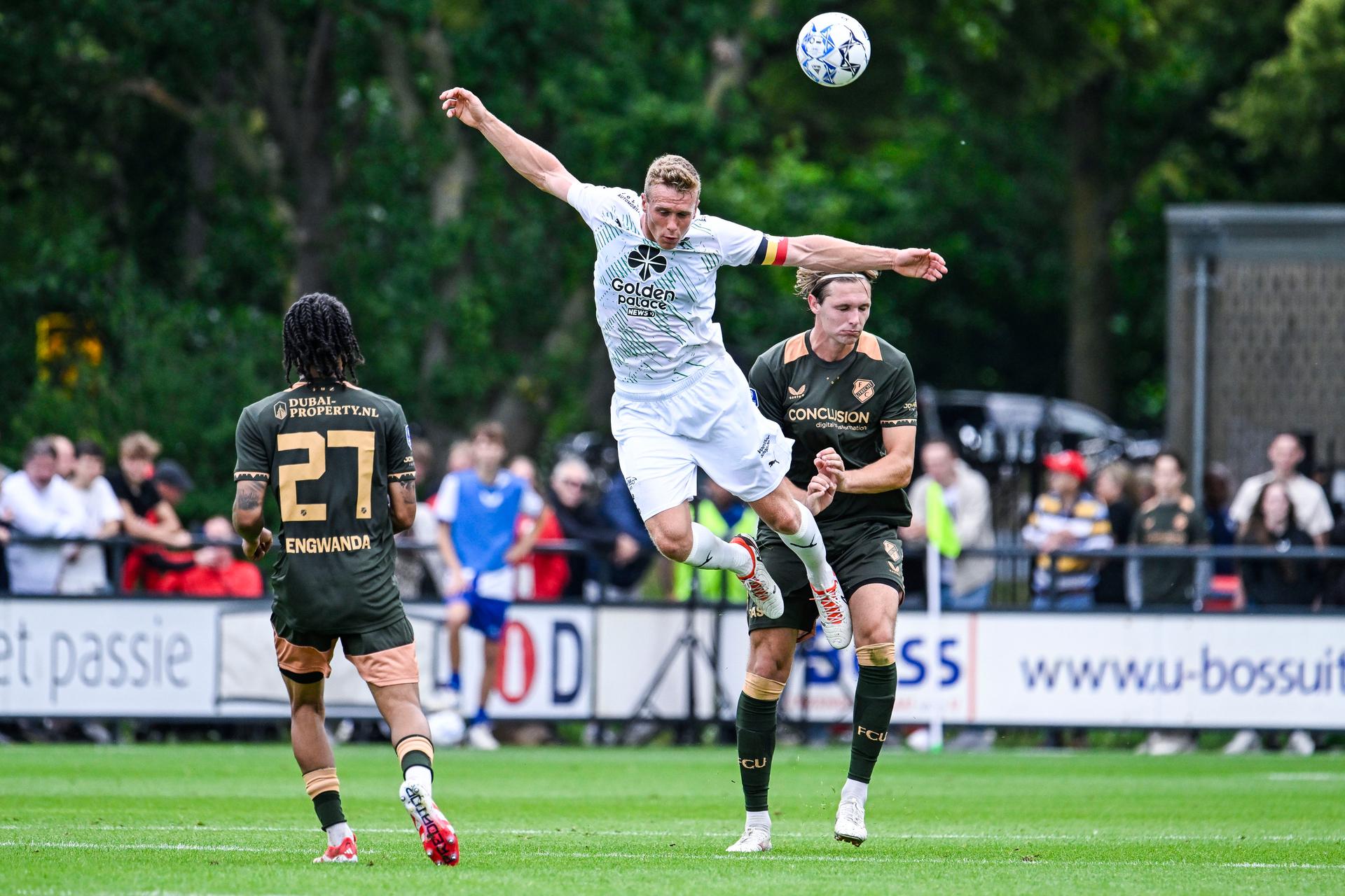 Cercle's Thibo Somers and FC Utrecht's Matisse Didden pictured in action during a friendly soccer game between Dutch team FC Utrecht and Belgian team Cercle Brugge, Saturday 05 July 2025 Utrecht, Netherlands, in preparation of the upcoming 2025-2026 season. BELGA PHOTO TOM GOYVAERTS
