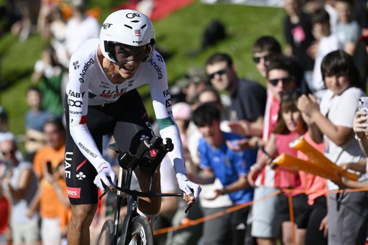 Team UAE's Mexican rider Isaac Del Toro  competes in the first stage of the Basque Country's Itzulia cycling tour, a 13.8 km time trial in Bilbao on April 6, 2026.   ANDER GILLENEA / AFP