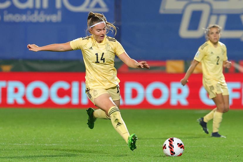 Belgium's Davinia Vanmechelen pictured in action during a soccer game between Portugal and Belgium's national team the Red Flames in Portugal on Thursday 06 October 2022, the semi-final of the qualification games for the 2023 FIFA Women's World Cup. BELGA PHOTO SEVIL OKTEM