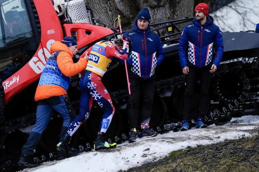 Johannes Hosflot Klaebo reacts after falling during the World Cup sprint cross-country race in Drammen, Norway on March 12, 2026.   Lise Åserud / NTB / AFP