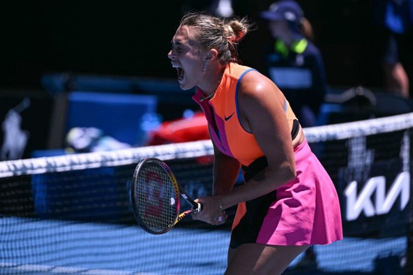Belarus' Aryna Sabalenka celebrates winning a point against Austria's Anastasia Potapova in their women's singles match on day six of the Australian Open tennis tournament in Melbourne on January 23, 2026.  WILLIAM WEST / AFP