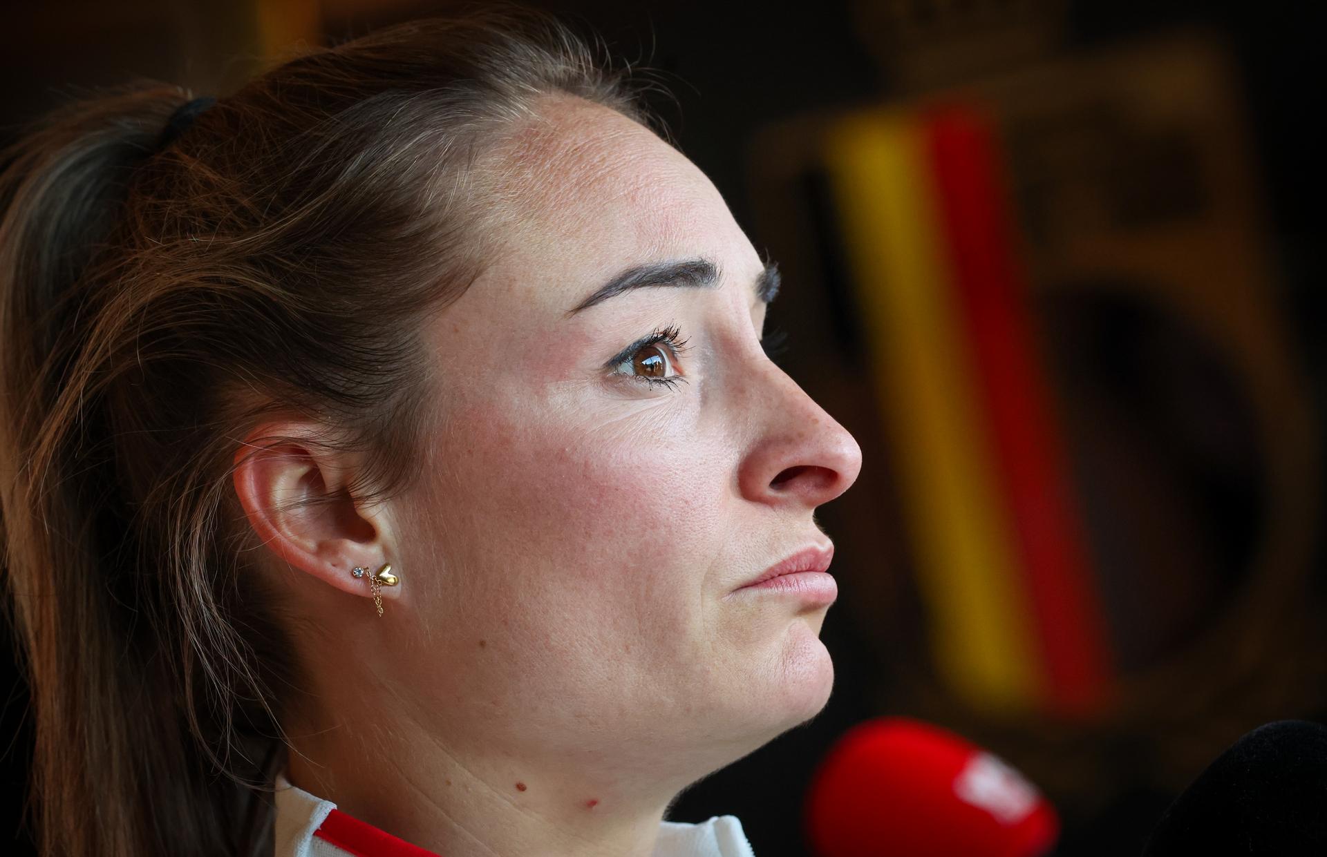 Belgium's Tessa Wullaert talks to the press after a press conference of Belgium's national women's team the Red Flames ahead of Nations League soccer games against Spain and Portugal, on Tuesday 18 February 2025 in Tubize. BELGA PHOTO VIRGINIE LEFOUR