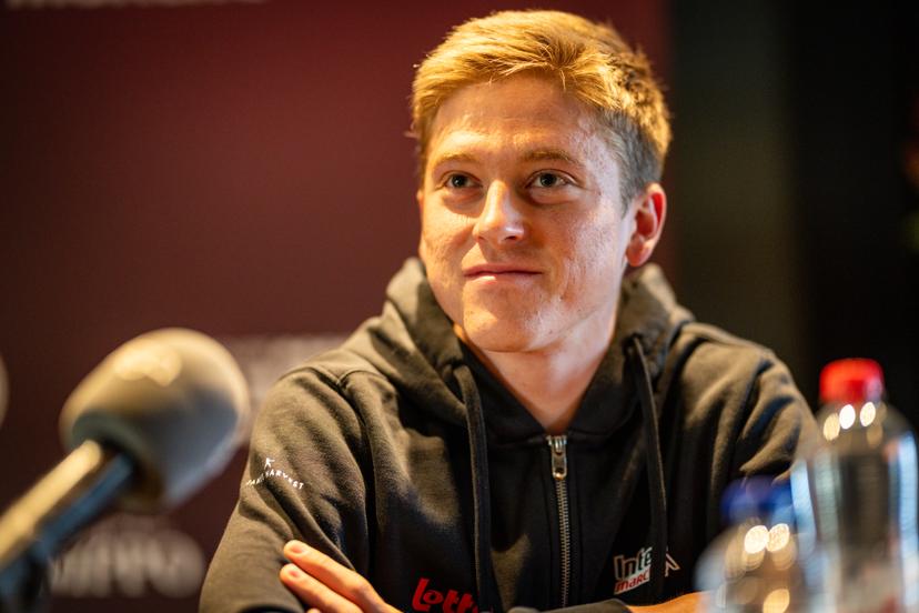 Belgian Jenno Berckmoes of Lotto-Intermarche pictured during a press conference of the Lotto-Intermarche cycling team, to discuss this weekend's one-day cycling race Omloop Het Nieuwsblad, the opening race of the Flemish classic one day races season, Thursday 26 February 2026 in Sint-Martens-Latem. BELGA PHOTO DAVID PINTENS