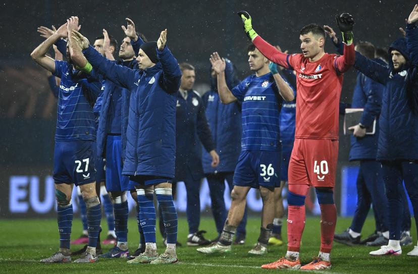 Dinamo's players look dejected after a soccer game between GNK Dinamo Zagreb and Belgian soccer team KRC Genk, Thursday 19 February 2026 in Zagreb, Croatia, in the play-off for the knockout phase of the UEFA Europa League tournament. BENELUX ONLY BELGA PHOTO MARKO LUKUNIC
