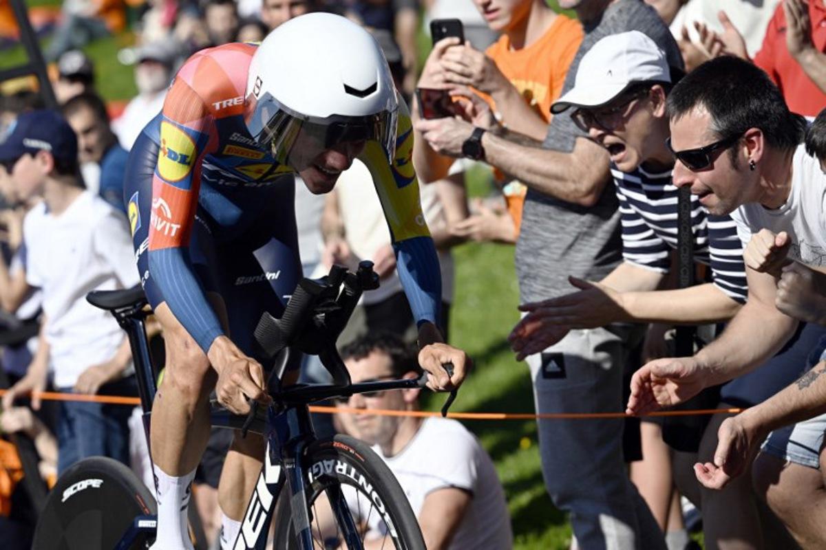 Team Lidl-Trek's Spanish rider Juan Ayuso competes in the first stage of the Basque Country's Itzulia cycling tour, a 13.8 km time trial in Bilbao on April 6, 2026.   ANDER GILLENEA / AFP