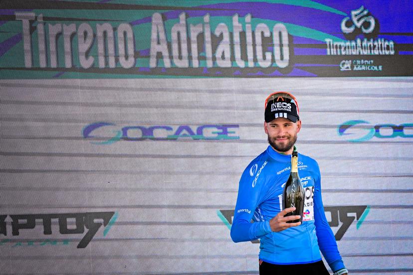 Italian Filippo Ganna of INEOS Grenadiers pictured on the podium after the first stage of the Tirreno-Adriatico cycling race, a 11,5km individual time trial in Lido di Camaiore, Italy, Monday 09 March 2026. BELGA PHOTO DIRK WAEM