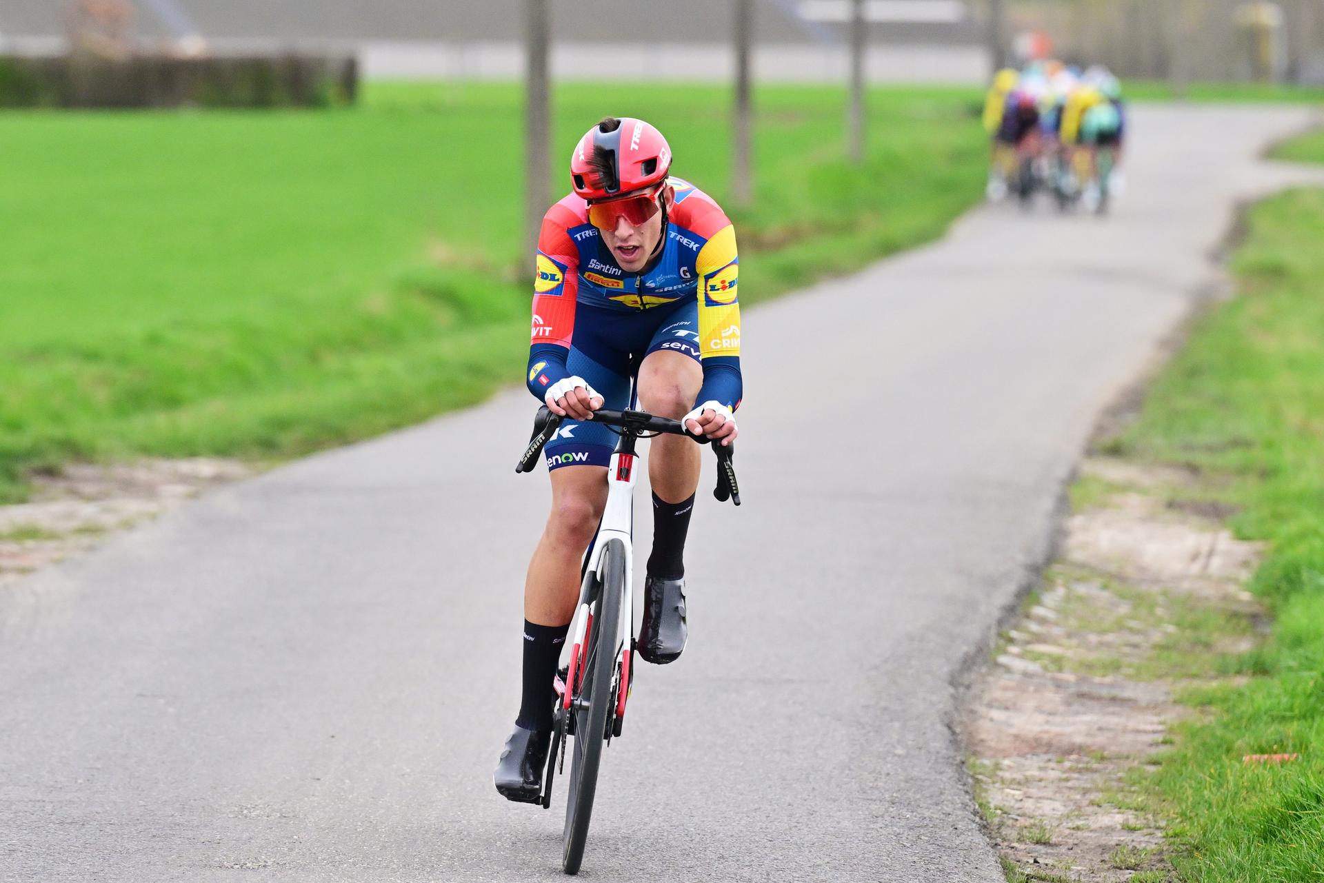 Latvia's Toms Skujins of Lidl-Trek pictured in action during the 78th edition of the men elite race of the Kuurne-Brussels-Kuurne one day cycling race, 195 km from Kuurne to Kuurne via Brussels, Sunday 01 March 2026.  BELGA PHOTO DIRK WAEM