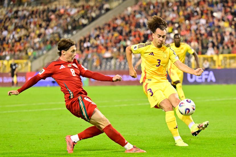 Welsh Harry Wilson and Belgium's Arthur Theate fight for the ball during a soccer game between Belgian national team Red Devils and Wales, Monday 09 June 2025 in Bussels, the second (out of 8) qualification games for the World Cup 2026. BELGA PHOTO DIRK WAEM