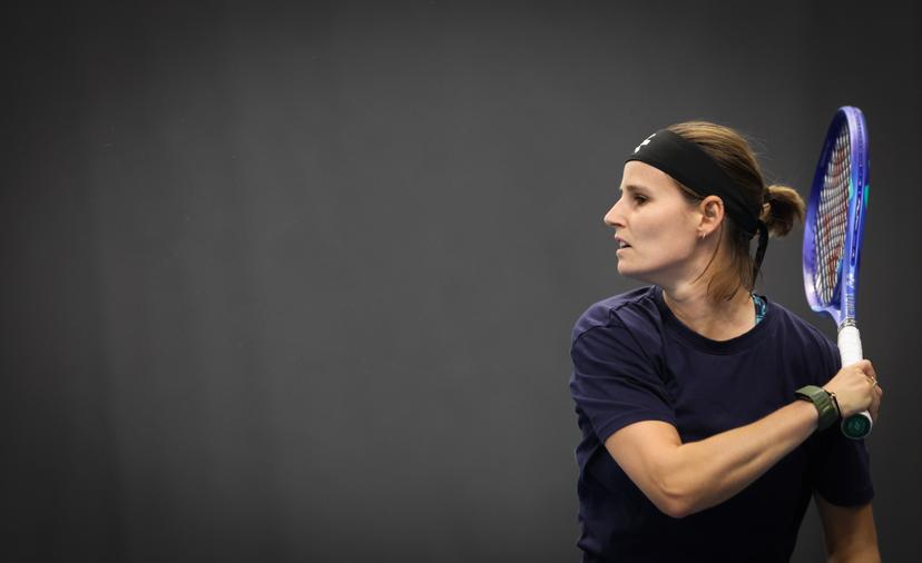 Belgian Greet Minnen pictured in action during a training session ahead of the meeting between Greece and Belgium, in the qualifiers of the Billie Jean King Cup tennis, in Vilnius, Lithuania on Monday 07 April 2025. PHOTO VIRGINIE LEFOUR