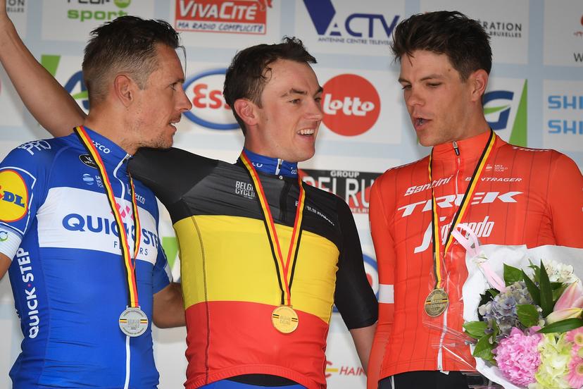 Belgian Philippe Gilbert of Quick-Step Floors winner of the silver medal, Belgian Yves Lampaert of Quick-Step Floors winner of the gold medal and Belgian Jasper Stuyven of Trek-Segafredo winner of the bronze medal on the podium of the men elite Belgian cycling championships in Binche, a 223.6 km race, Sunday 24 June 2018, in Binche. BELGA PHOTO DAVID STOCKMAN