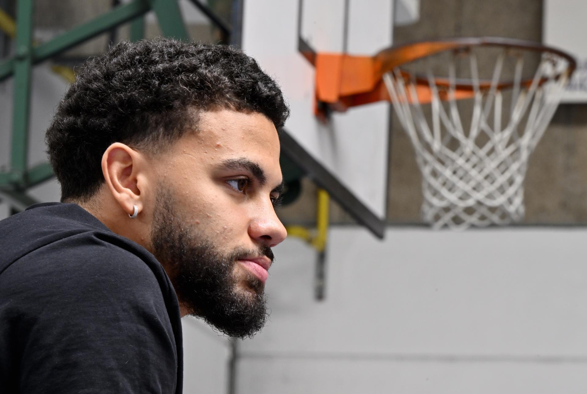 Ajay Mitchell pictured during a press conference regarding the NBA US basketball competition on Wednesday 30 July 2025 in Ans. Oklahoma City Thunder, featuring Belgian point guard Mitchell, won the league. BELGA PHOTO ERIC LALMAND