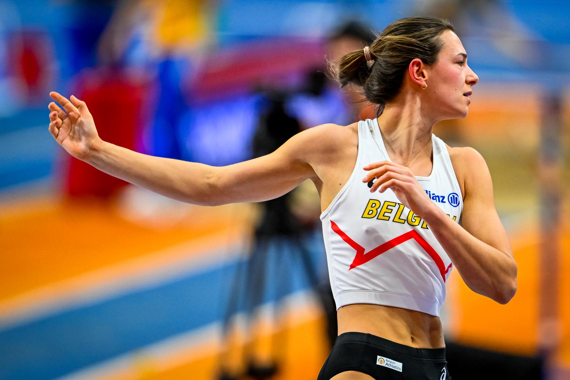 Belgian Elien Vekemans reacts during the European Athletics Indoor Championships, in Apeldoorn, The Netherlands, Thursday 06 March 2025. The championships take place from 6 to 9 March. BELGA PHOTO ERIC LALMAND