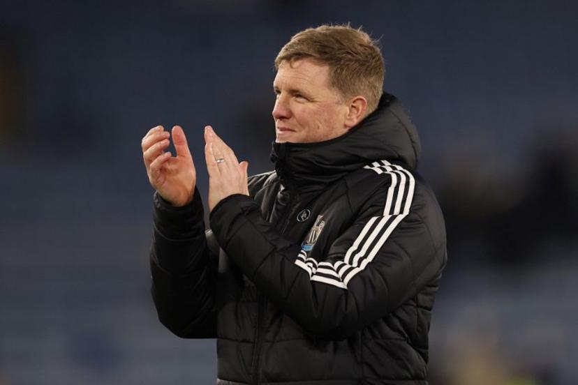 Newcastle United's English head coach Eddie Howe applauds fans on the pitch after the English Premier League football match between Leicester City and Newcastle United at King Power Stadium in Leicester, central England on April 7, 2025. Newcastle won the game 3-0. Darren Staples / AFP