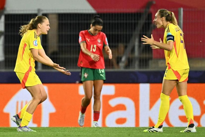 Portugal's midfielder #13 Fatima Pinto (C) looks dejected as Belgium's midfielder #08 Jarne Teulings and Belgium's forward #09 Tessa Wullaert react after a Portugal goal was disallowed during the UEFA Women's Euro 2025 Group B football match between Portugal and Belgium at the Stade de Tourbillon in Sion, on July 11, 2025.  Fabrice COFFRINI / AFP