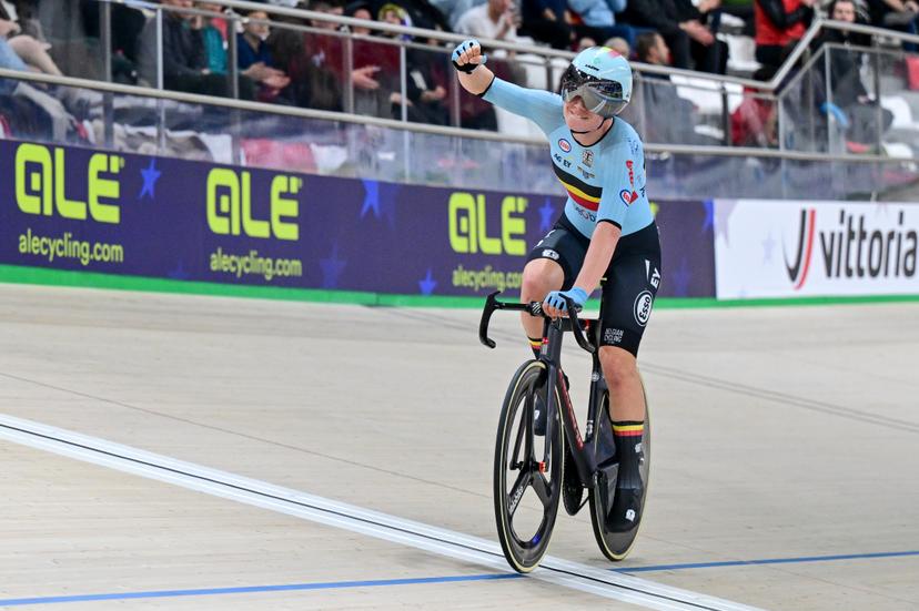 Belgian Lotte Kopecky celebrates after winning the women's Points Race final at day 4 of the 2026 UEC Track Elite European Championships, in Konya, Turkey, Wednesday 04 February 2026. The European Championships take place from 01 to 05 February 2026. BELGA PHOTO DIRK WAEM